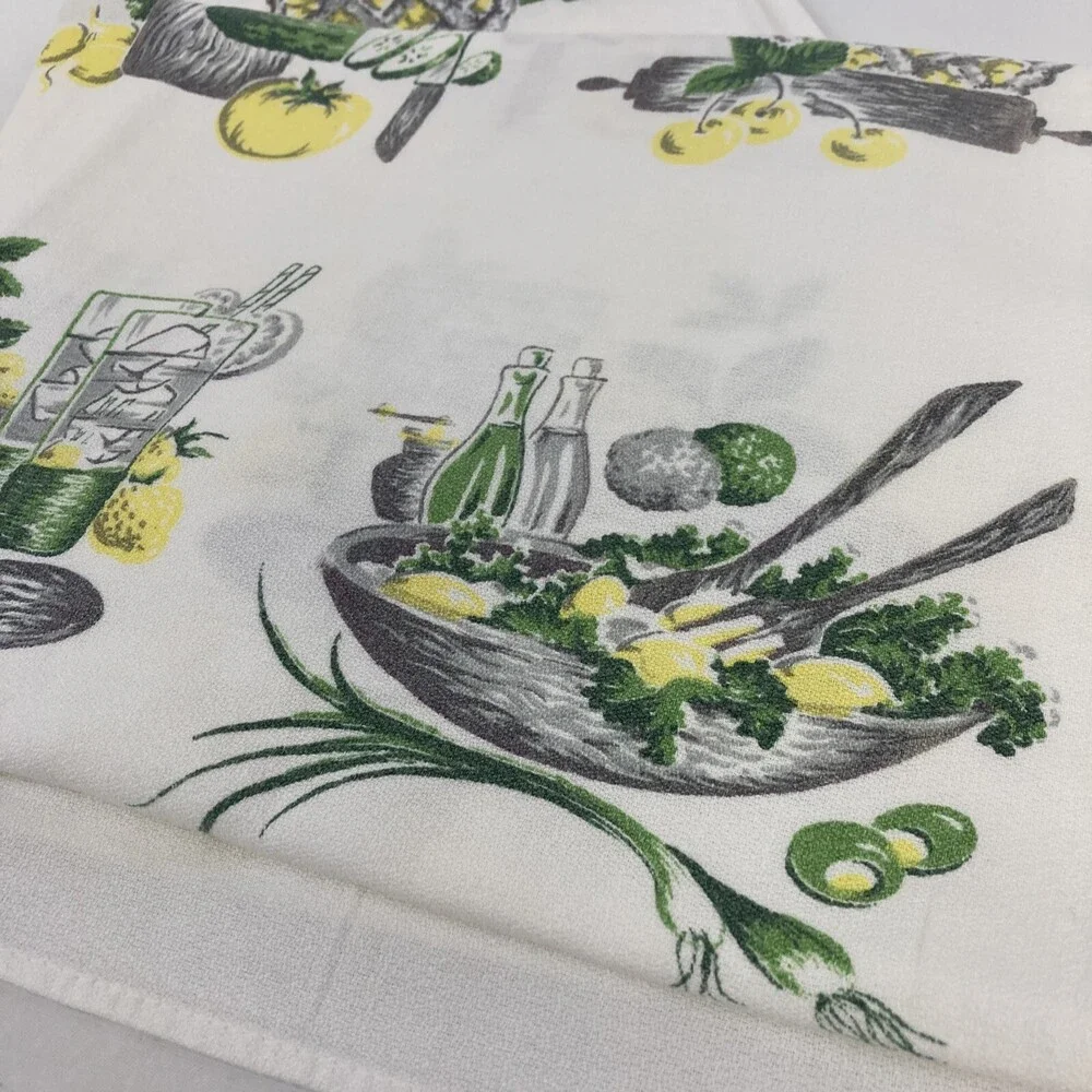 VTG Green & Yellow Food Printed 47.5” X 45.5” Mid Century 60s 70s Table Cloth